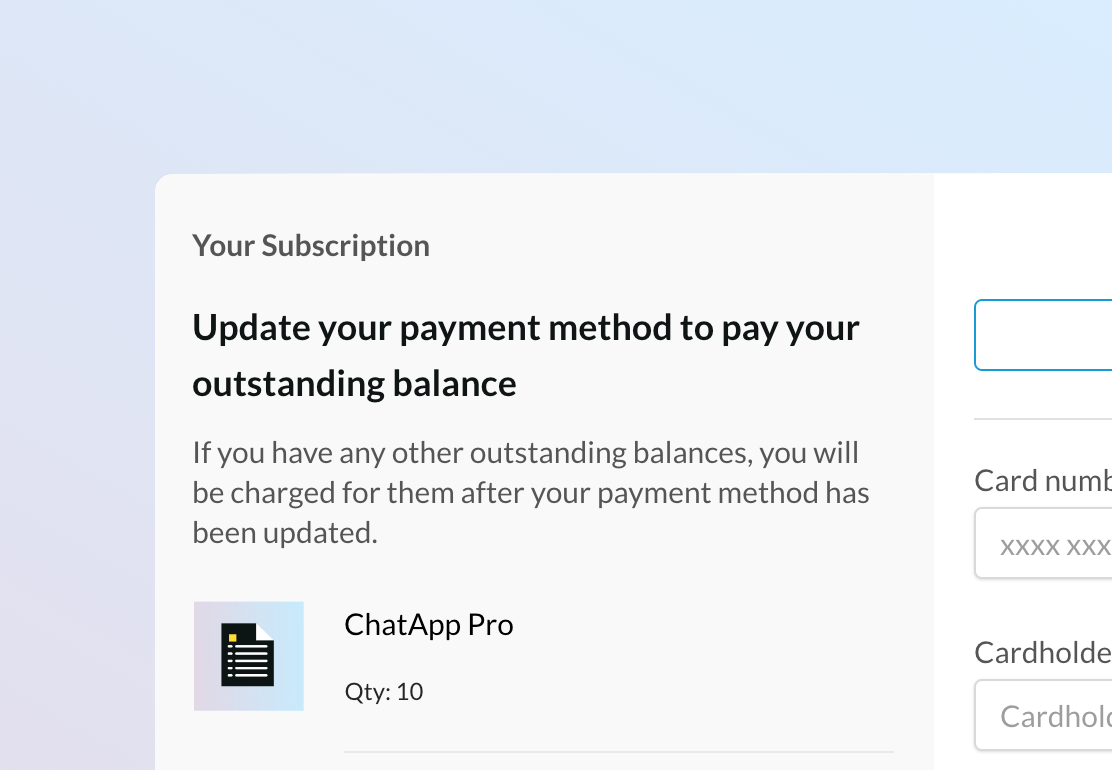 Screenshot of an overlay checkout for an update payment method transaction. The subscription is past due, and the customer is charged for the past due payment.