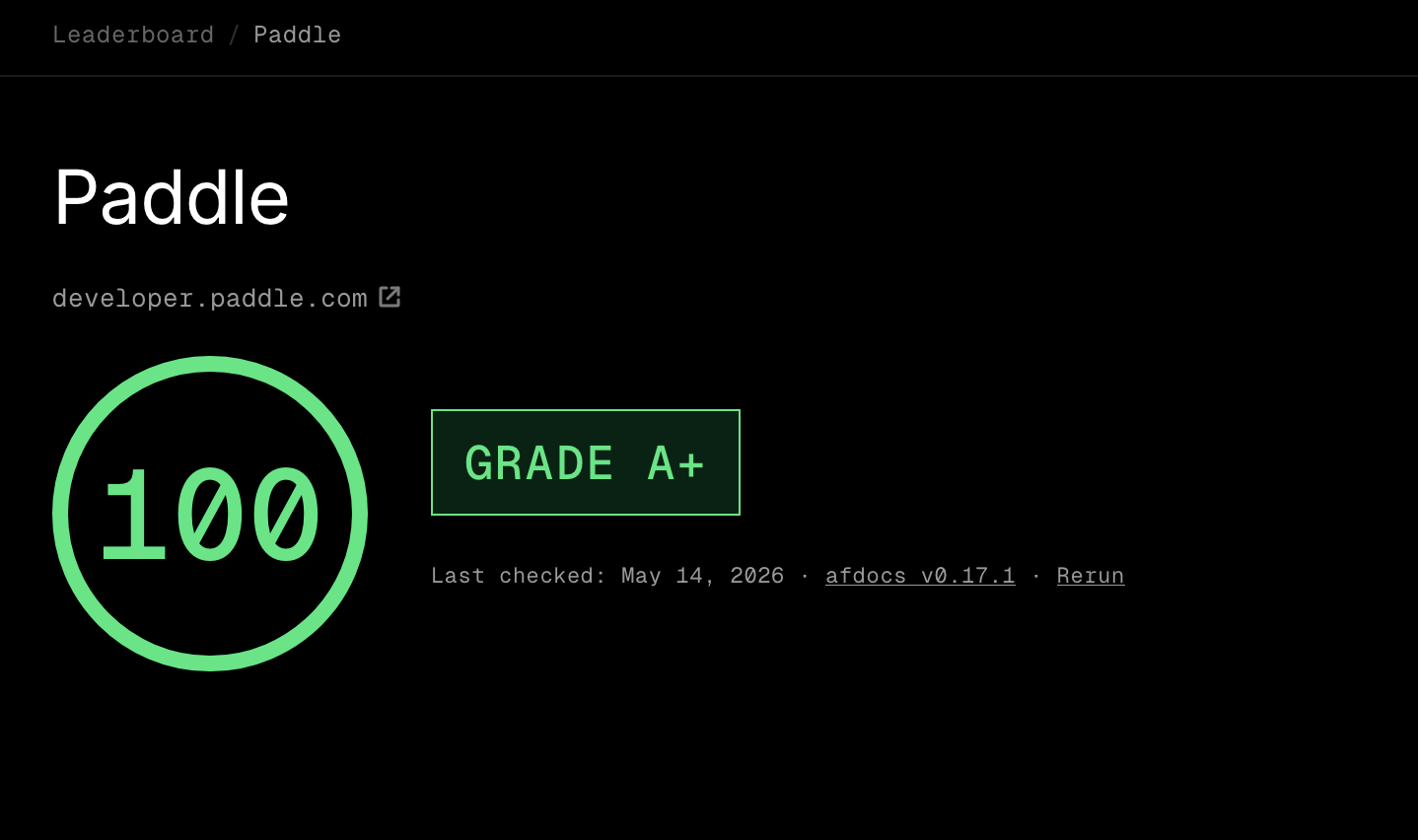 A screenshot of the afdocs score page, showing the score for the Paddle developer docs at 100/100.