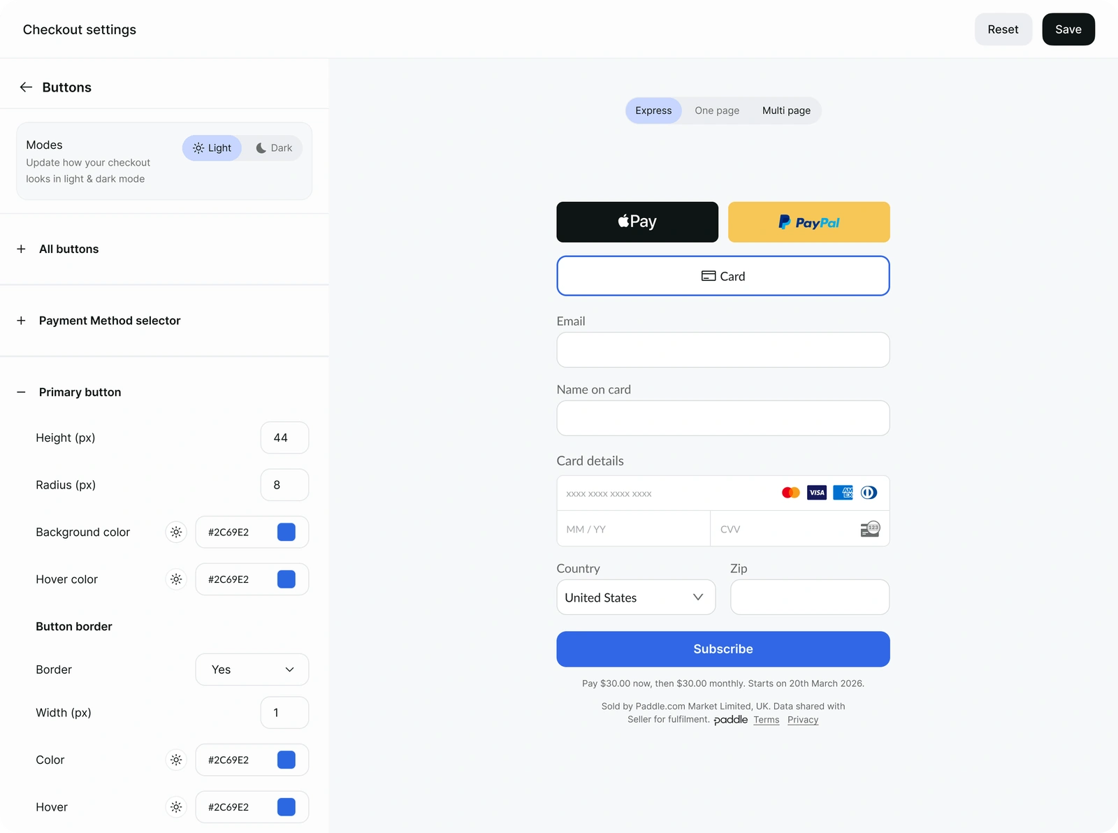 The Checkout settings screen in the Paddle dashboard switching between light mode and dark mode, with the checkout preview changing to match.
