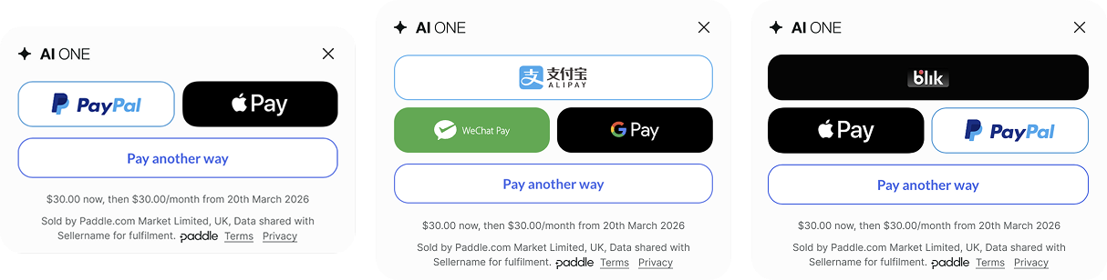 Illustration showing three express checkouts side by side, each presenting a different combination of one-click payment buttons — PayPal and Apple Pay; Alipay, WeChat Pay, and Google Pay; and BLIK, Apple Pay, and PayPal — with a 'Pay another way' option below each.