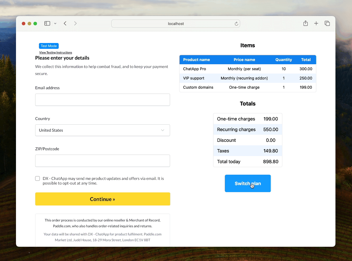 Short animation showing updating items on an inline checkout. When the switch plan button is clicked, items and totals update.
