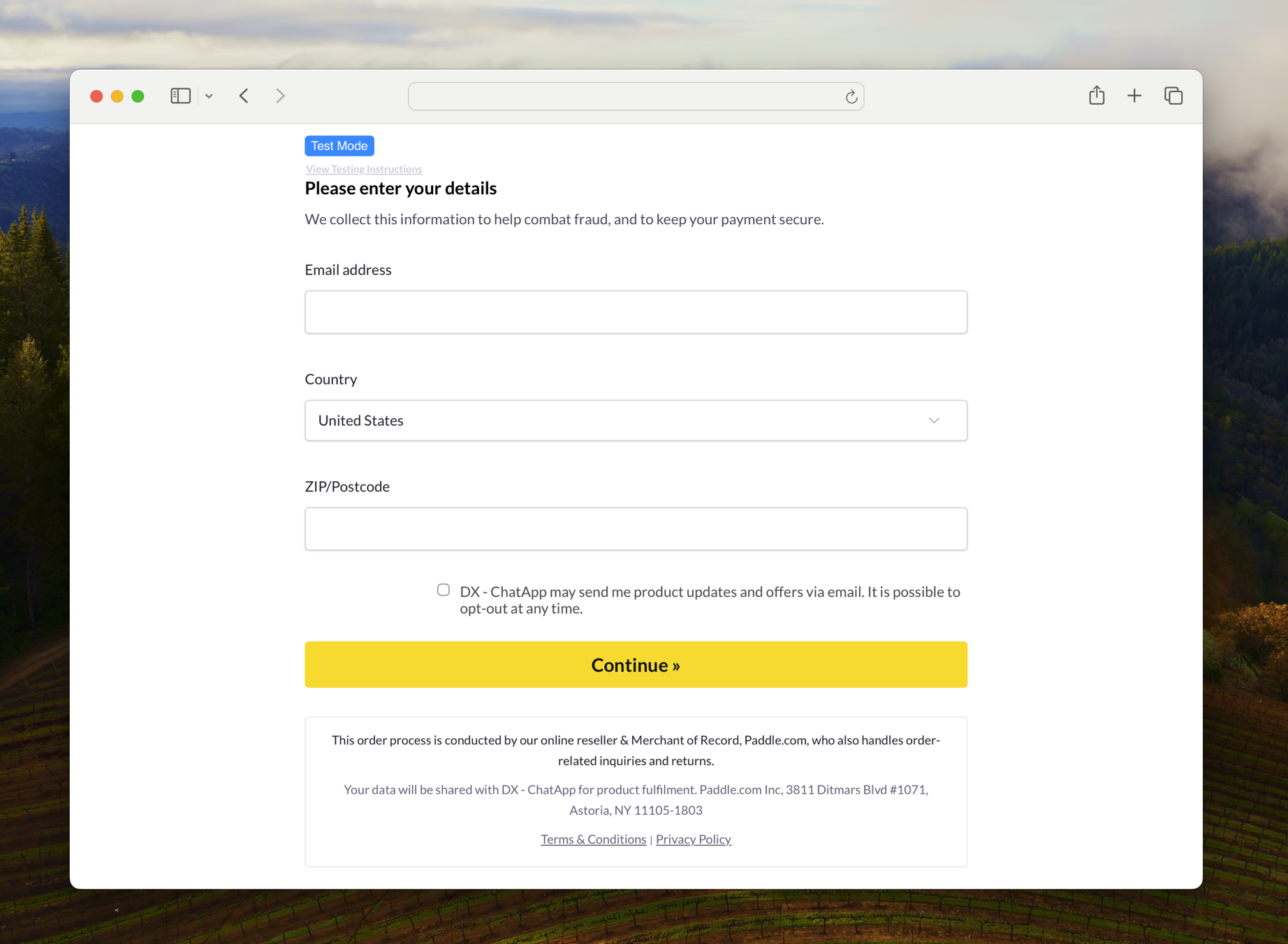 Screenshot showing an inline checkout. It's on the first page of checkout, with fields for email and country. It doesn't include an items list or totals.