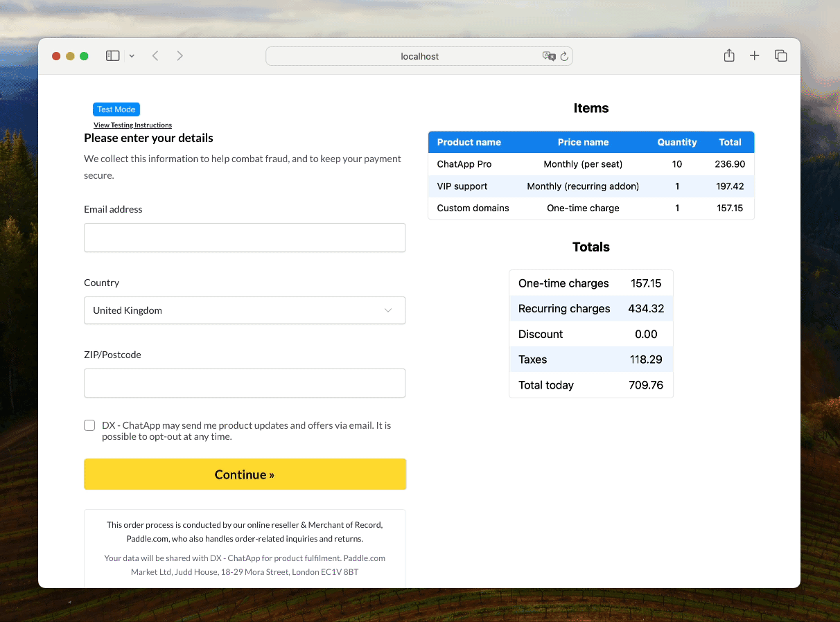 Short animation showing launching an inline checkout, entering contact information, and entering test payment details.