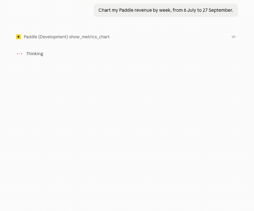 Animation of a Claude chat. The user asks to chart their Paddle revenue by week from July 6 to September 27, and an interactive revenue chart appears in the conversation, with controls to change the period and view, followed by the agent's summary of the trend.