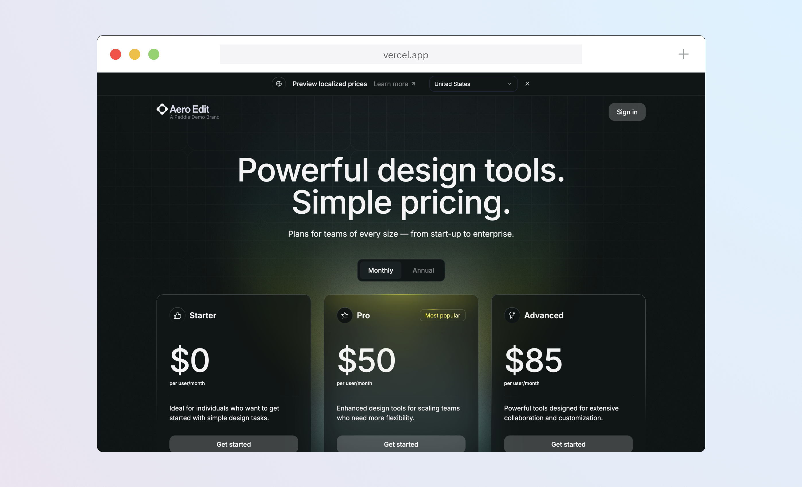 Screenshot of the pricing page from the app. It shows three tiers, which show prices, with a toggle to switch from monthly to annual.