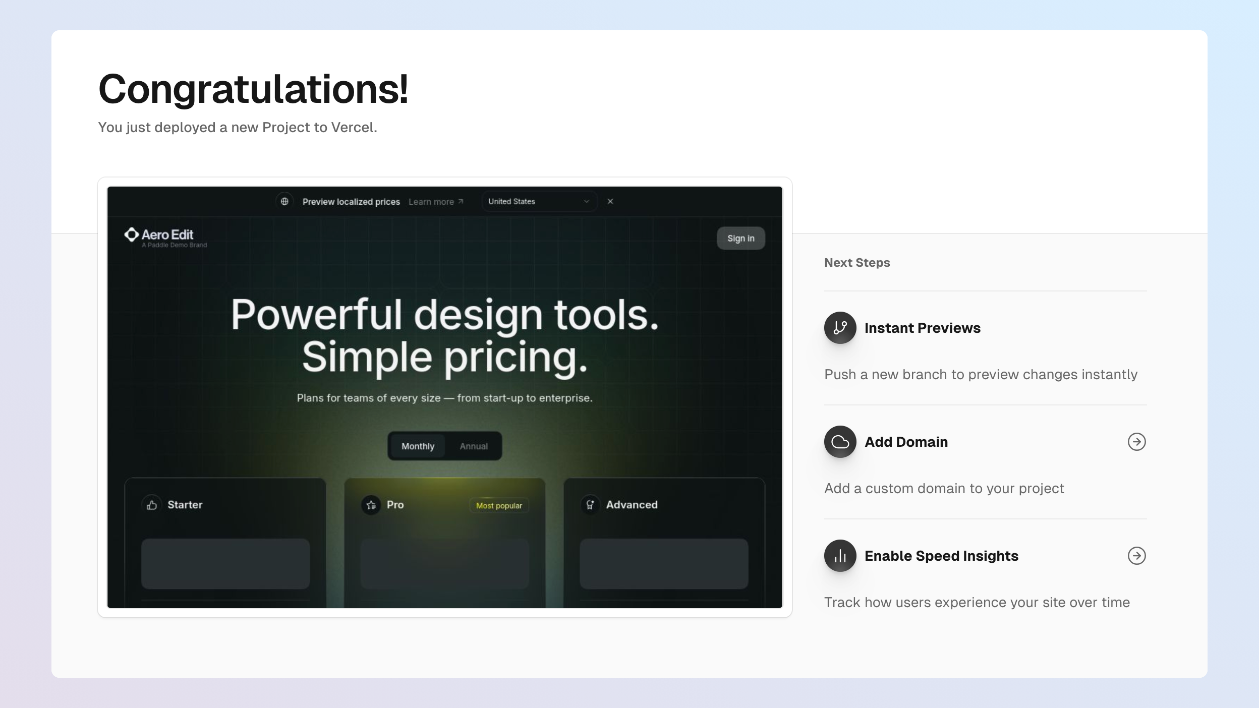 Screenshot of the complete screen for the deploy to Vercel workflow.