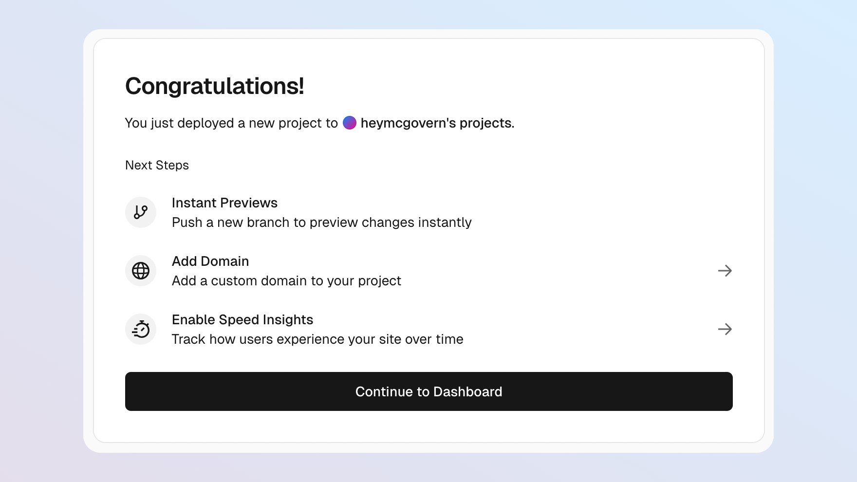 Screenshot of the complete screen for the deploy to Vercel workflow. It says 'congratulations!' and there's a preview of the app.