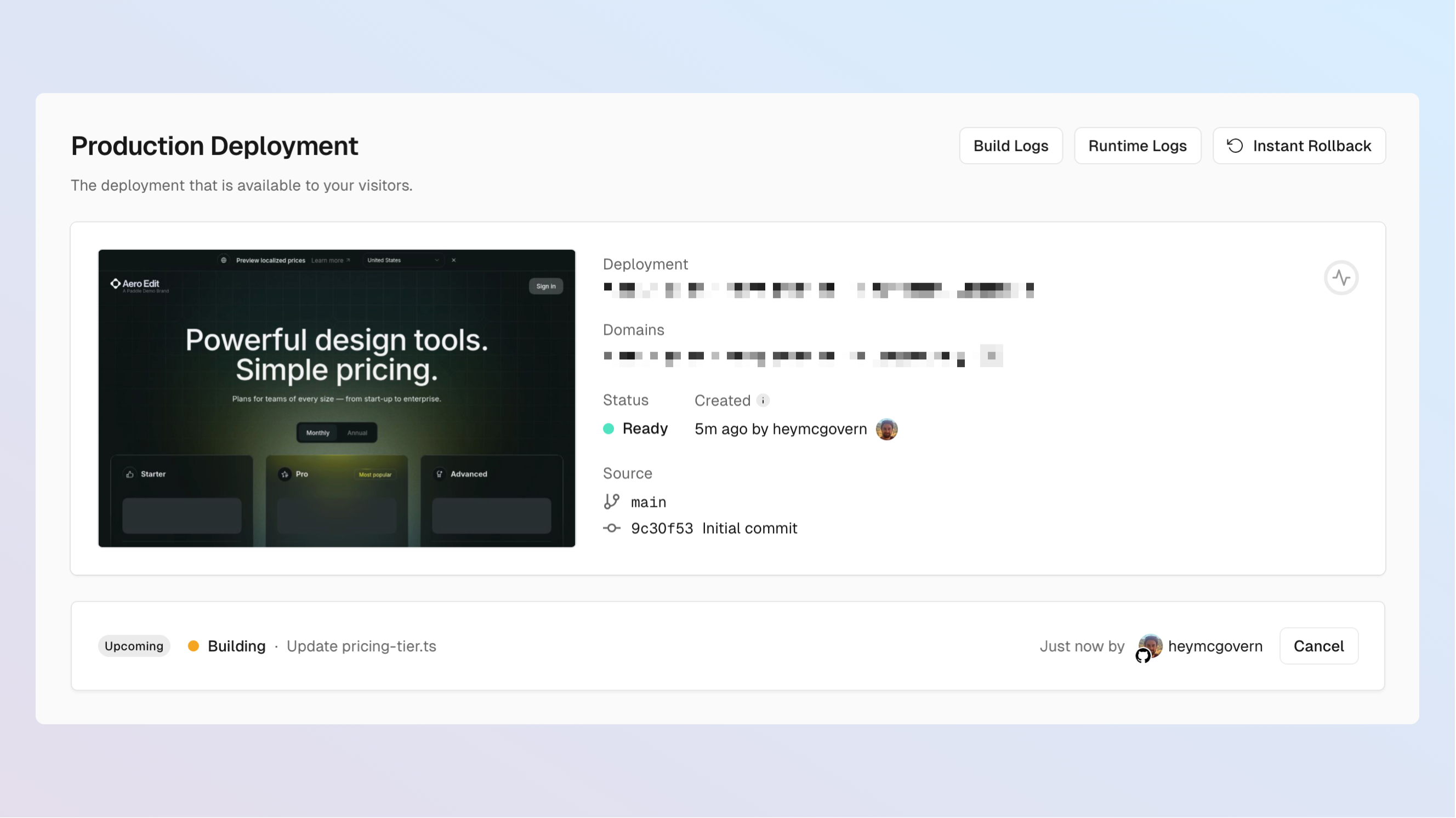 Screenshot of the project page in Vercel showing a build in progress.