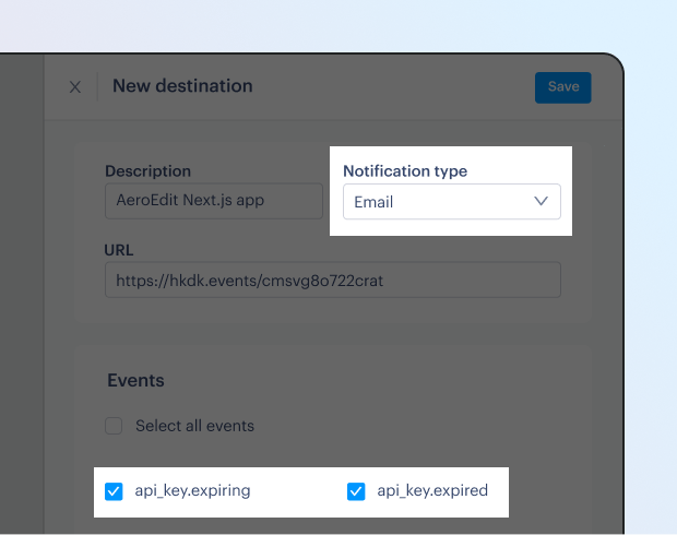 Illustration of the notifications screen in Paddle. It shows the email destination form. There's a field to enter the email address to be notified at. There's a button that says Save.
