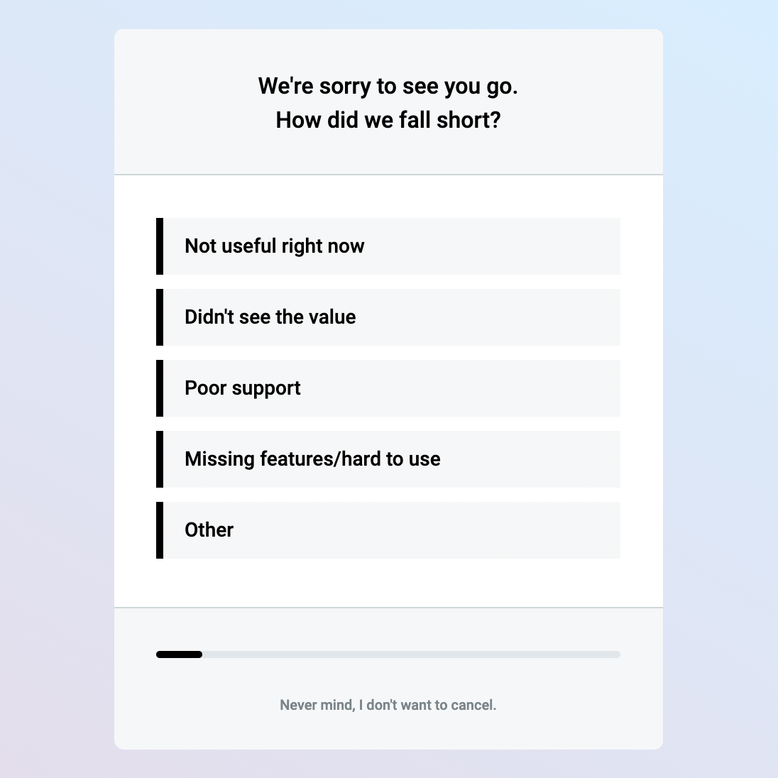 Retain Cancellation Flow modal step 1. It says: We're sorry to see you go. How did we fall short? The options are: not useful right now, didn't see the value, poor support, missing features, other.