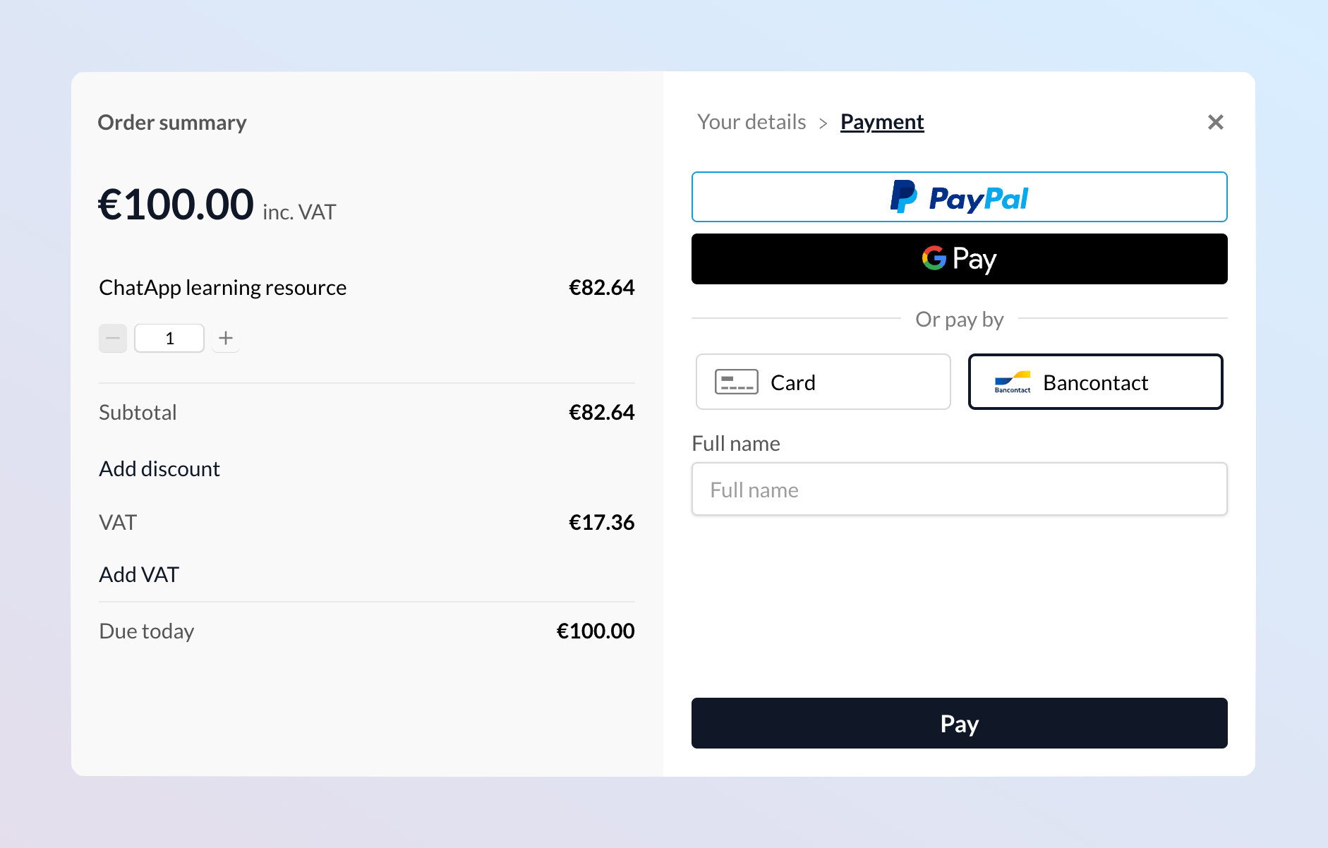 Screenshot showing overlay checkout on the payment method screen. A Bancontact button is visible and selected. There's a field to enter the full name for the Bancontact account holder.