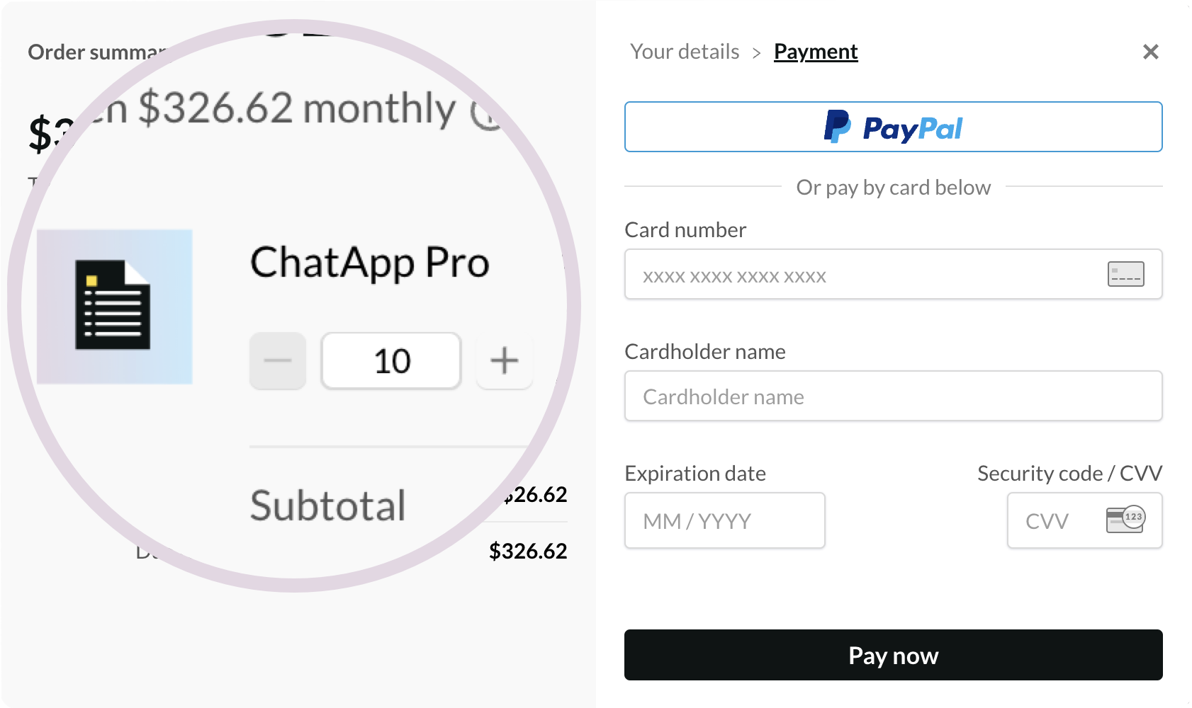 Screenshot of an overlay checkout with quantity selector icons called out.