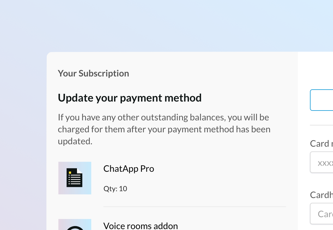 Screenshot of an overlay checkout for an update payment method transaction. The subscription is active and the customer is charged for $0.