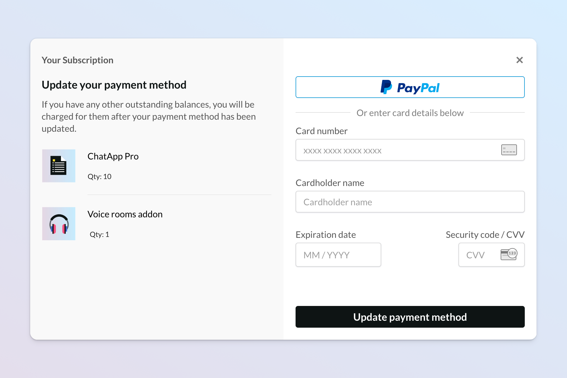 Screenshot of an overlay checkout for an update payment method transaction