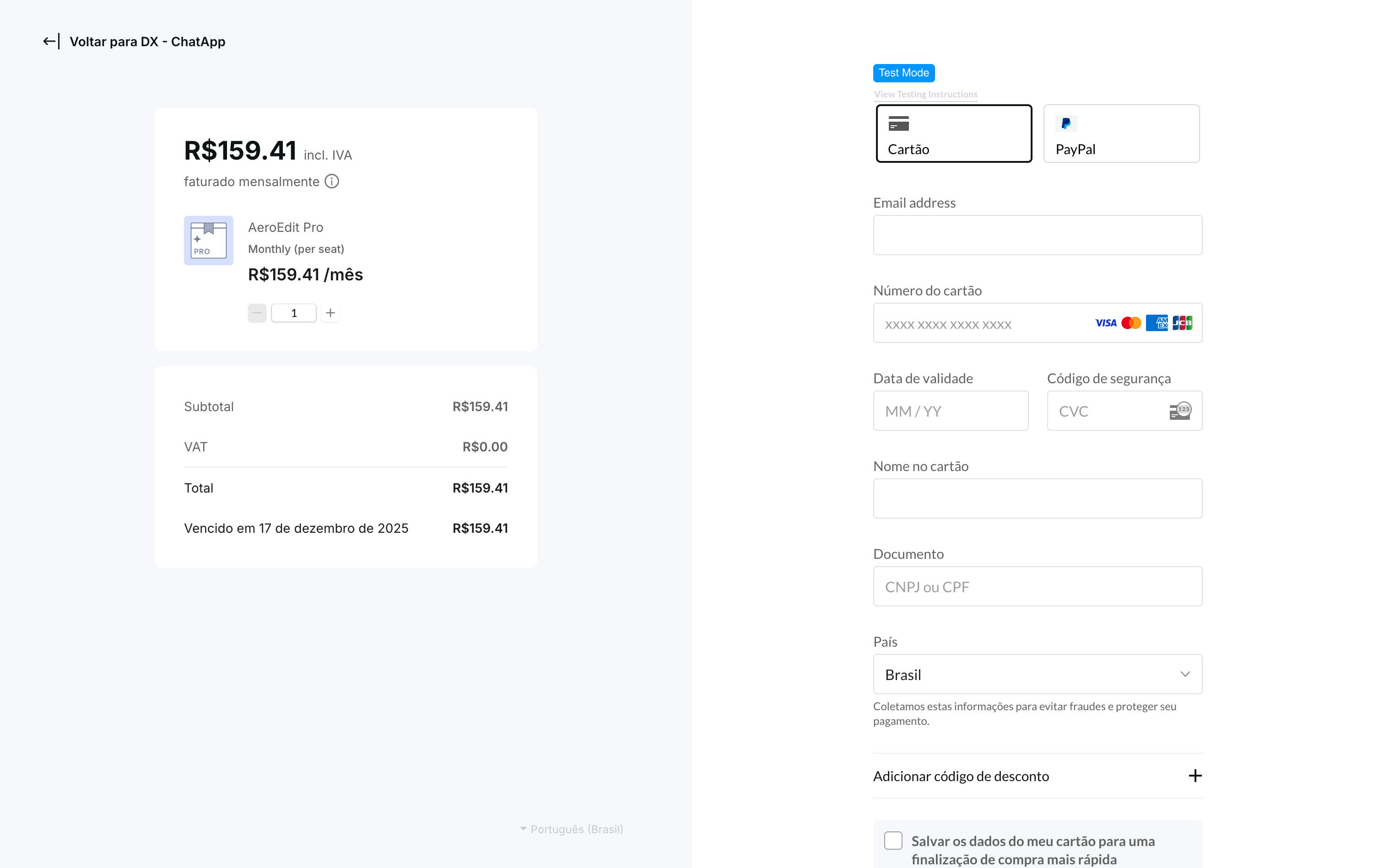 Screenshot of a Paddle Checkout in Brazilian Portuguese