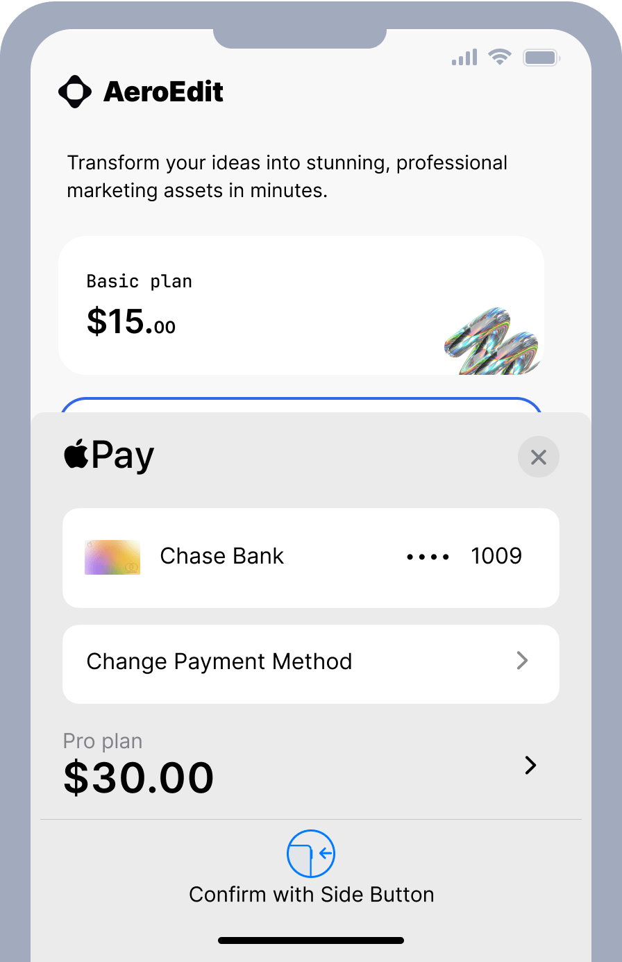 Apple Pay payment confirmation sheet showing Chase Bank payment method for $30 purchase.