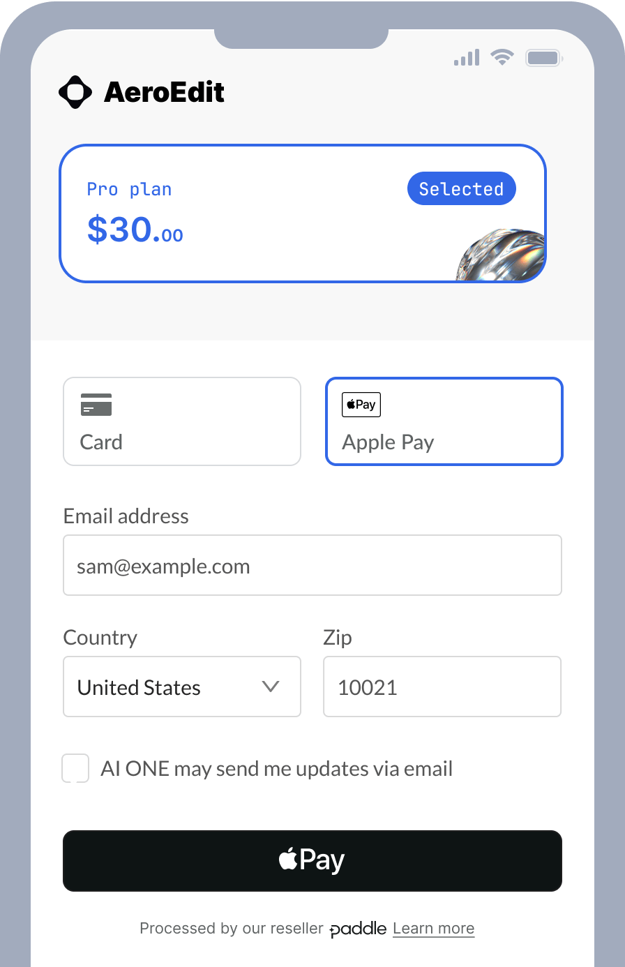 Apple Pay payment sheet overlaying pricing selection for $30 AeroEdit Pro tier.