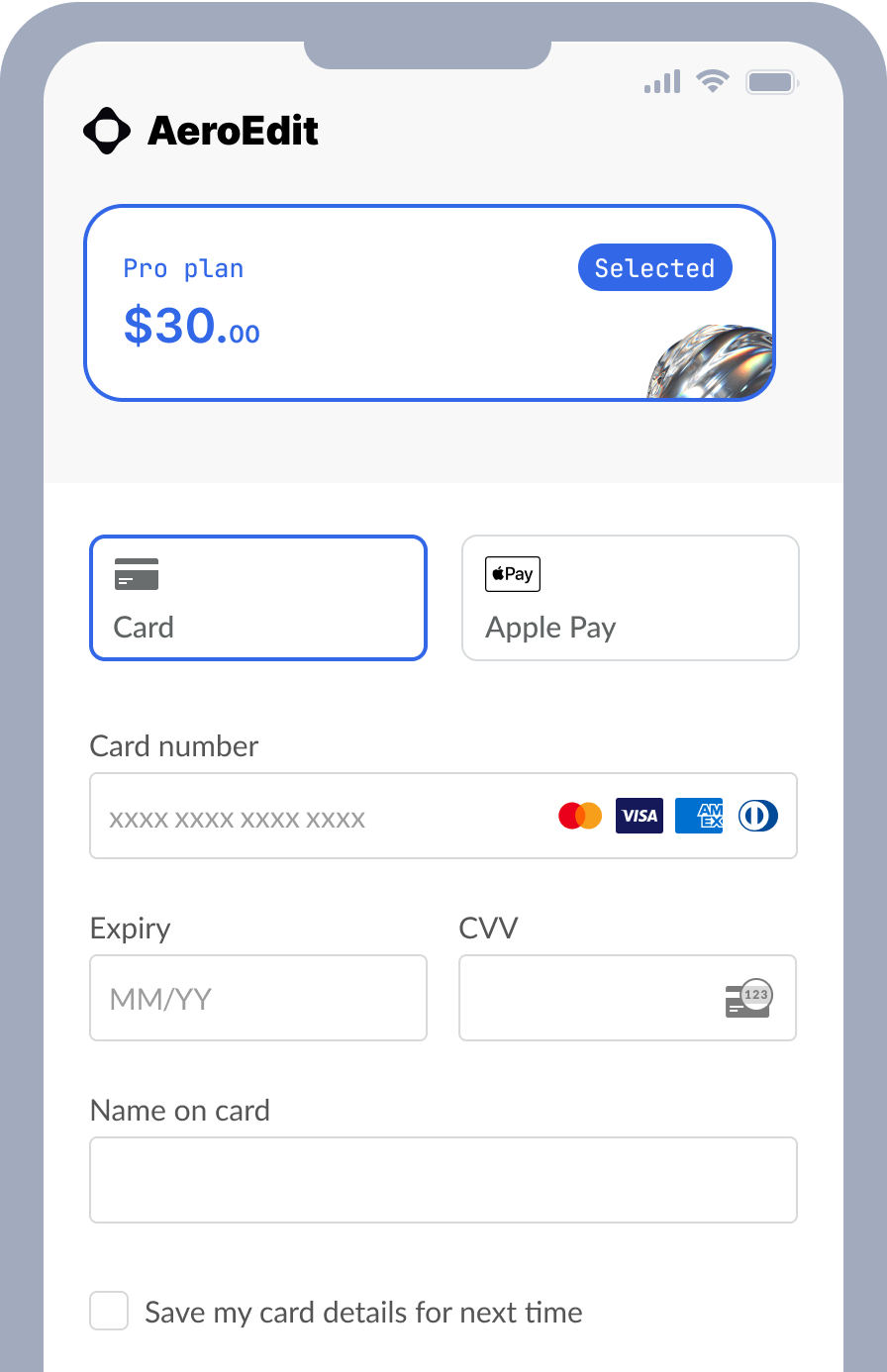 Checkout form with card and Apple Pay payment options, email field, and country/zip inputs for AeroEdit Pro.