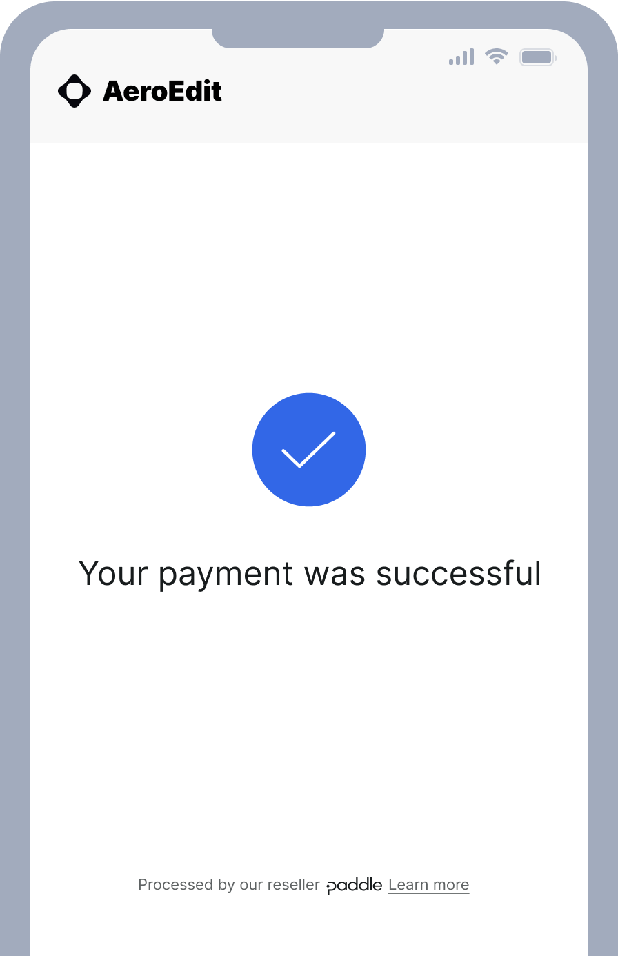Payment success screen with checkmark icon and 'Your payment was successful' message.