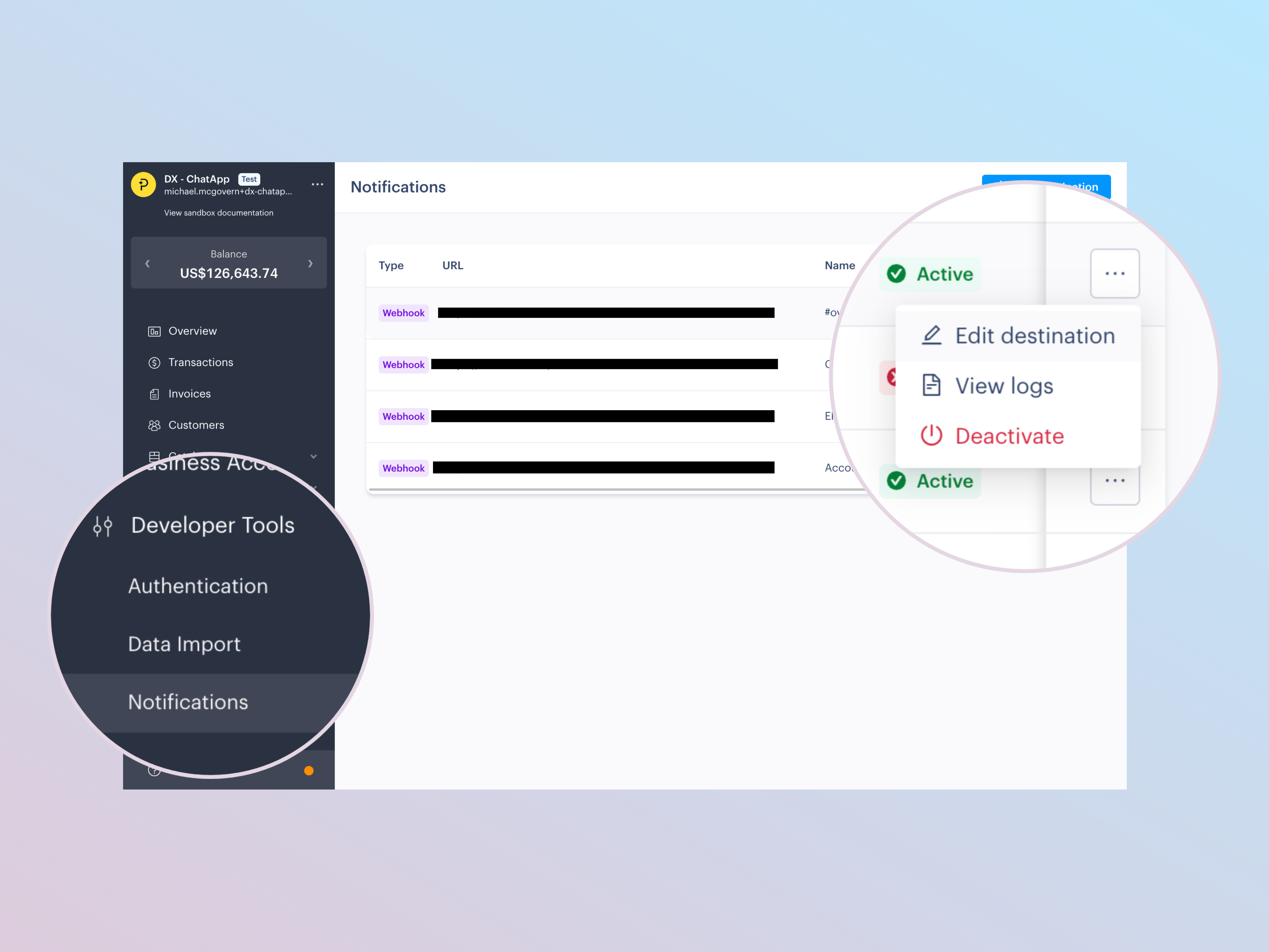 Screenshot showing the Notifications screen in the Paddle dashboard. Developer tools > Notifications is called out on the nav. The menu for the first notification in the list is open, and the 'Edit destination' option is selected.