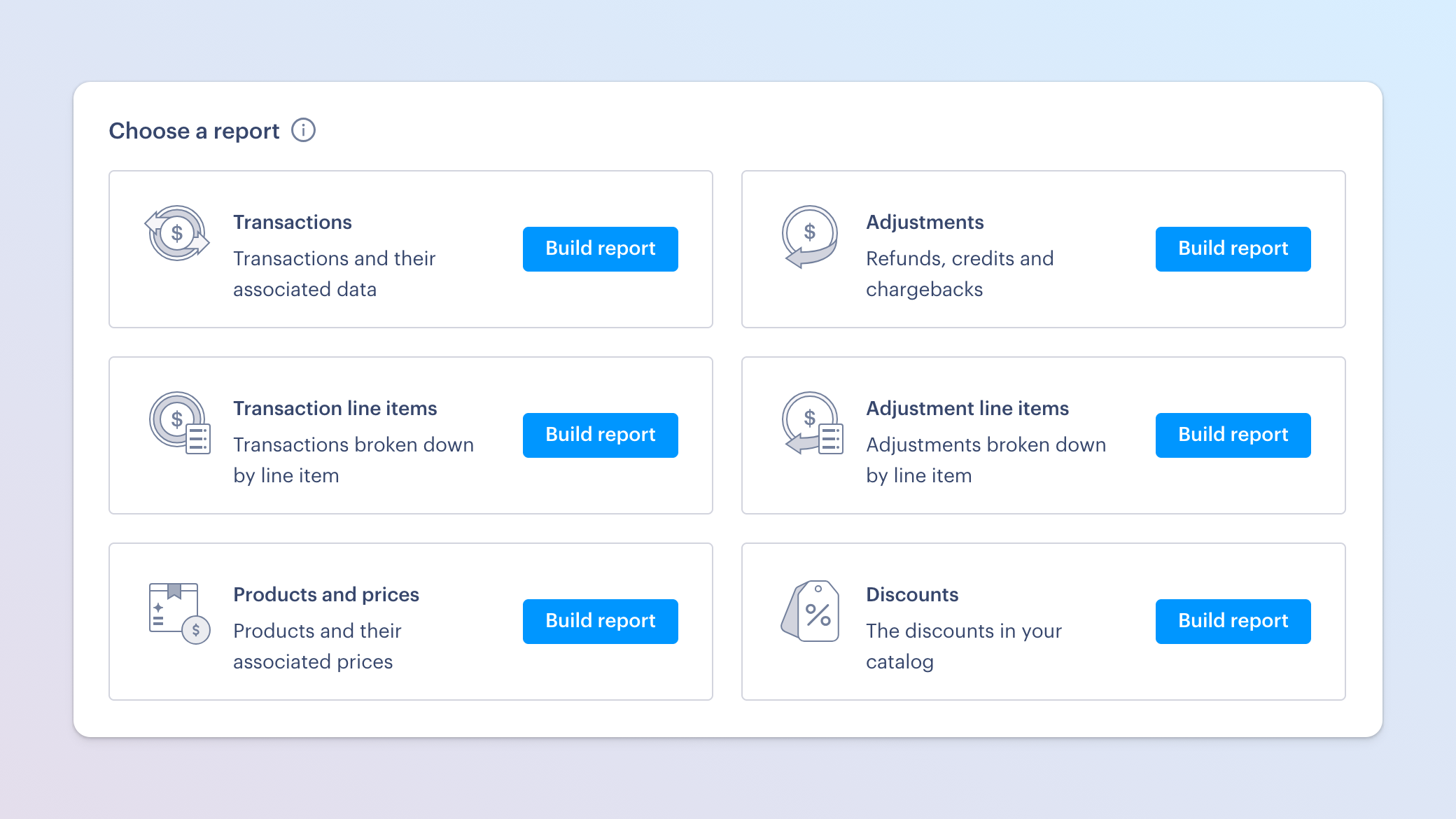 Illustration showing the report picker card from the Paddle dashboard. There's a heading that says 'Choose a report,', then under that there are six items: transactions, transaction items, adjustments, adjustment items, products and prices, and discounts'. For each item, there is a button that says build report.