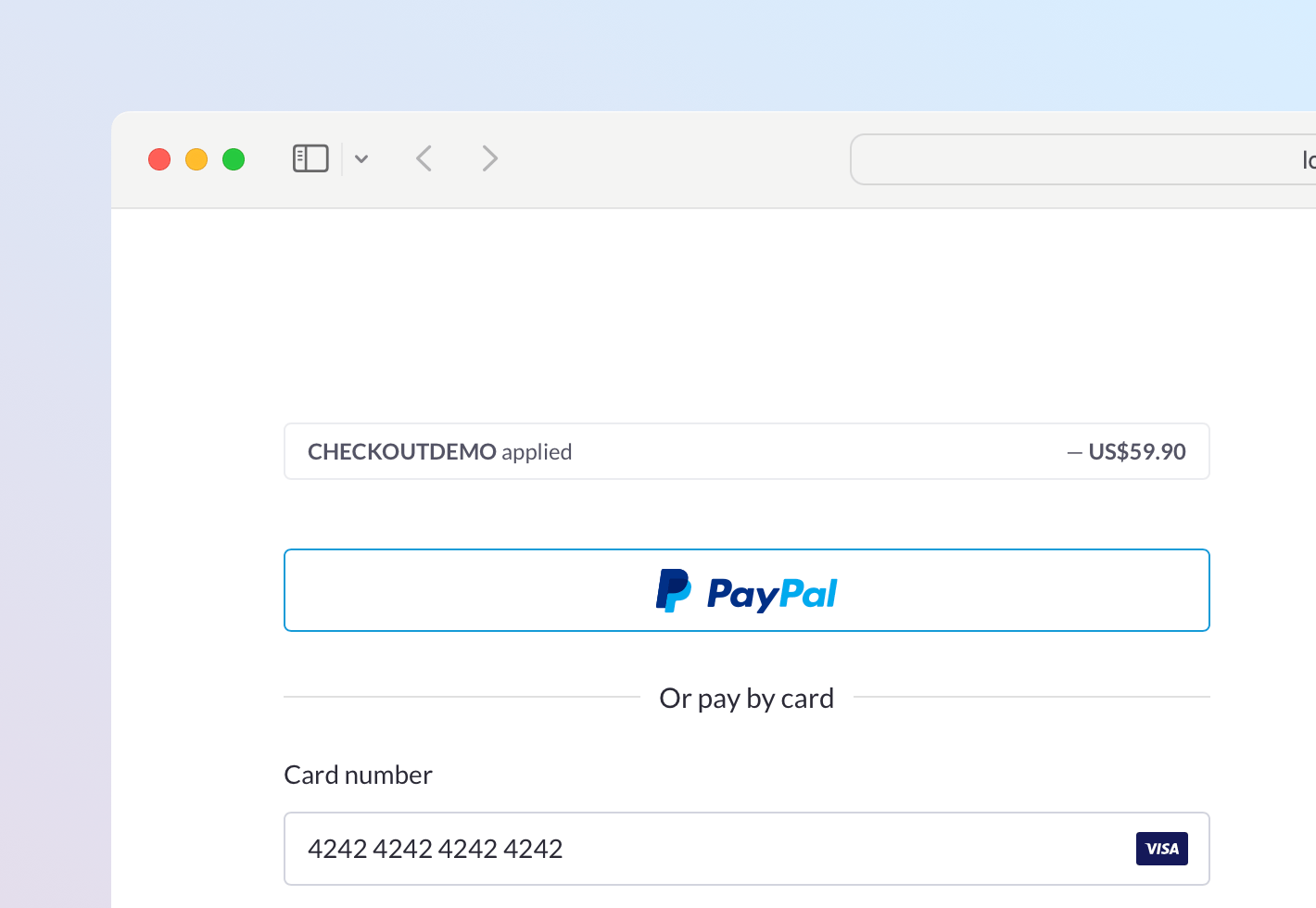 Screenshot of the top-left of an inline checkout. There is a message that says CHECKOUT DEMO applied. There is no icon to remove the applied discount.