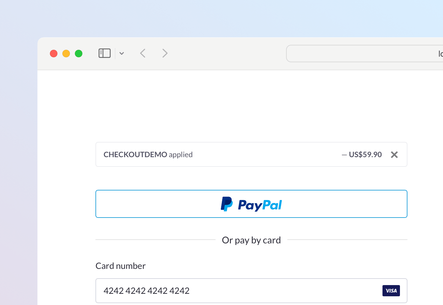 Screenshot of the top-left of an inline checkout. There is a message that says CHECKOUT DEMO applied. Next to the message, there is an x icon to remove the applied discount.