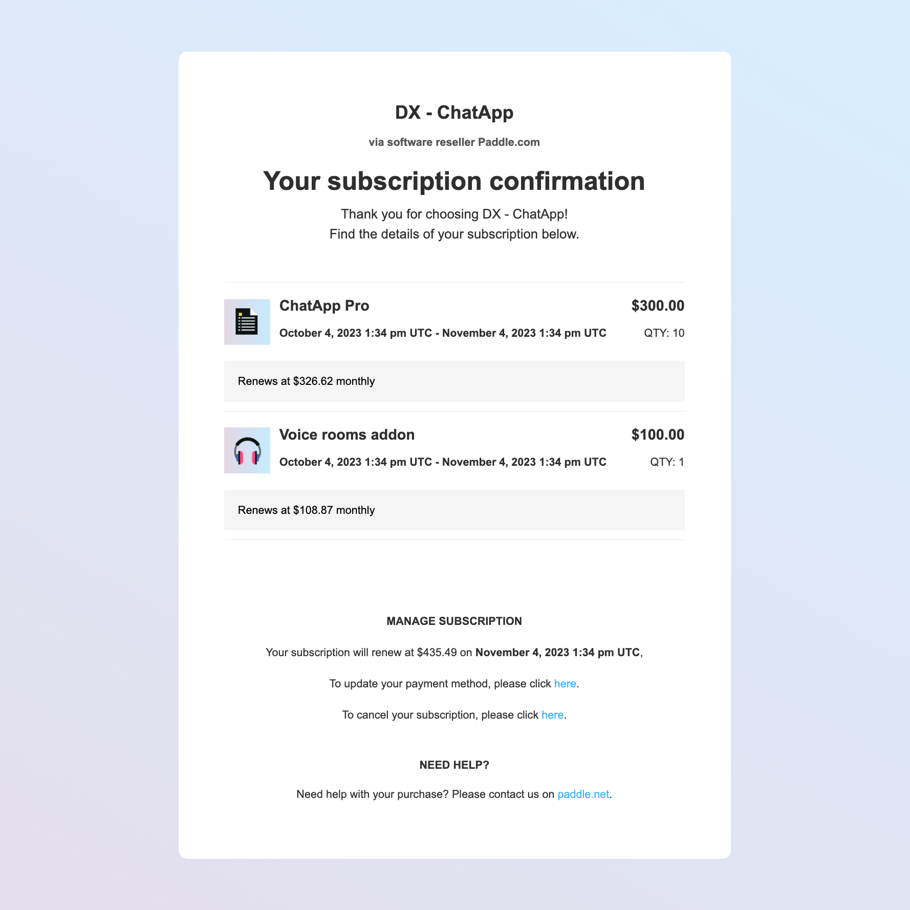 Screenshot showing a subscription confirmation email. It includes a list of items, total, and renewal dates. There are links to cancel and update payment method.