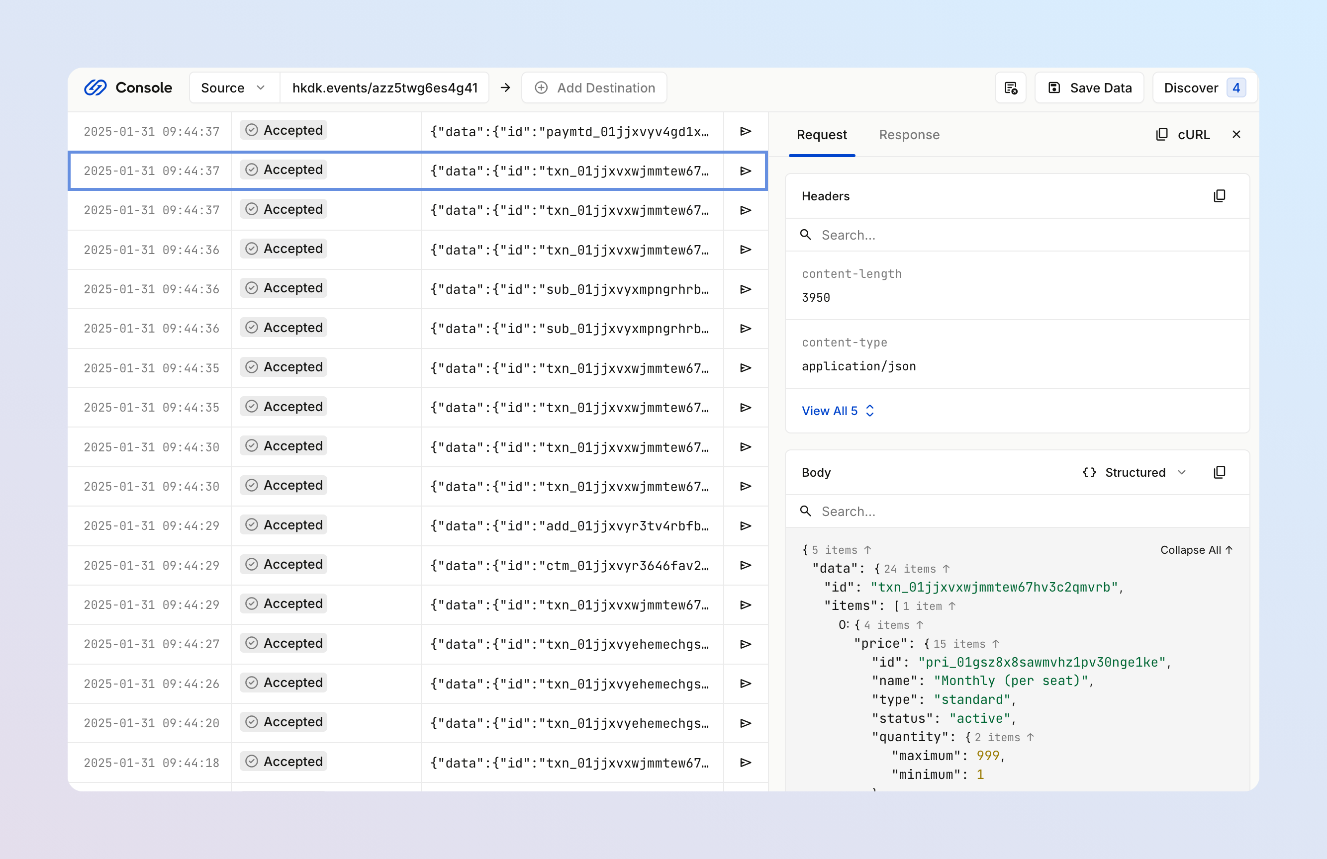 Hookdeck Console with a list of webhooks. The transaction.completed webhook is selected, and the JSON payload is visible.