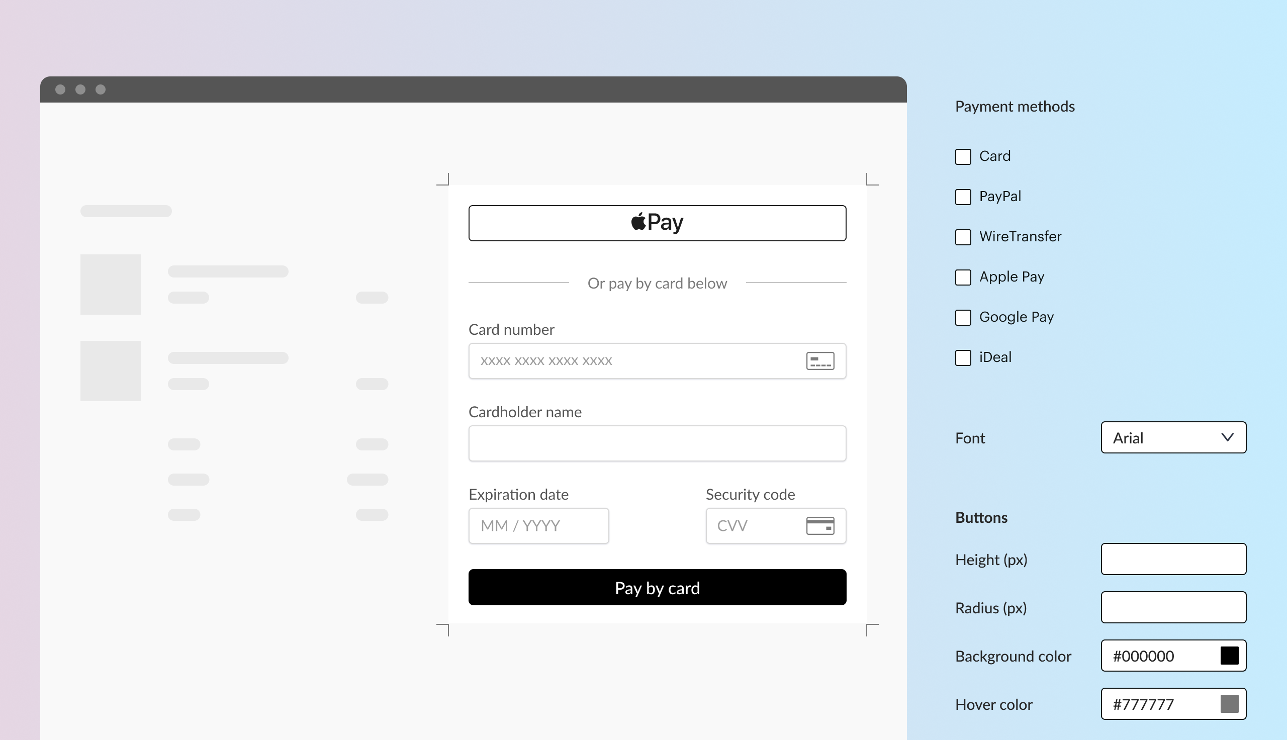 Abstract illustration showing branding options for Paddle Checkout. On the left is a simplified window that shows an inline checkout implementation. On the right are a list of checkboxes for payment methods, a drop-down for font, and a group called 'Buttons.' In the buttons group are fields for height, radius, background color, and hover color.