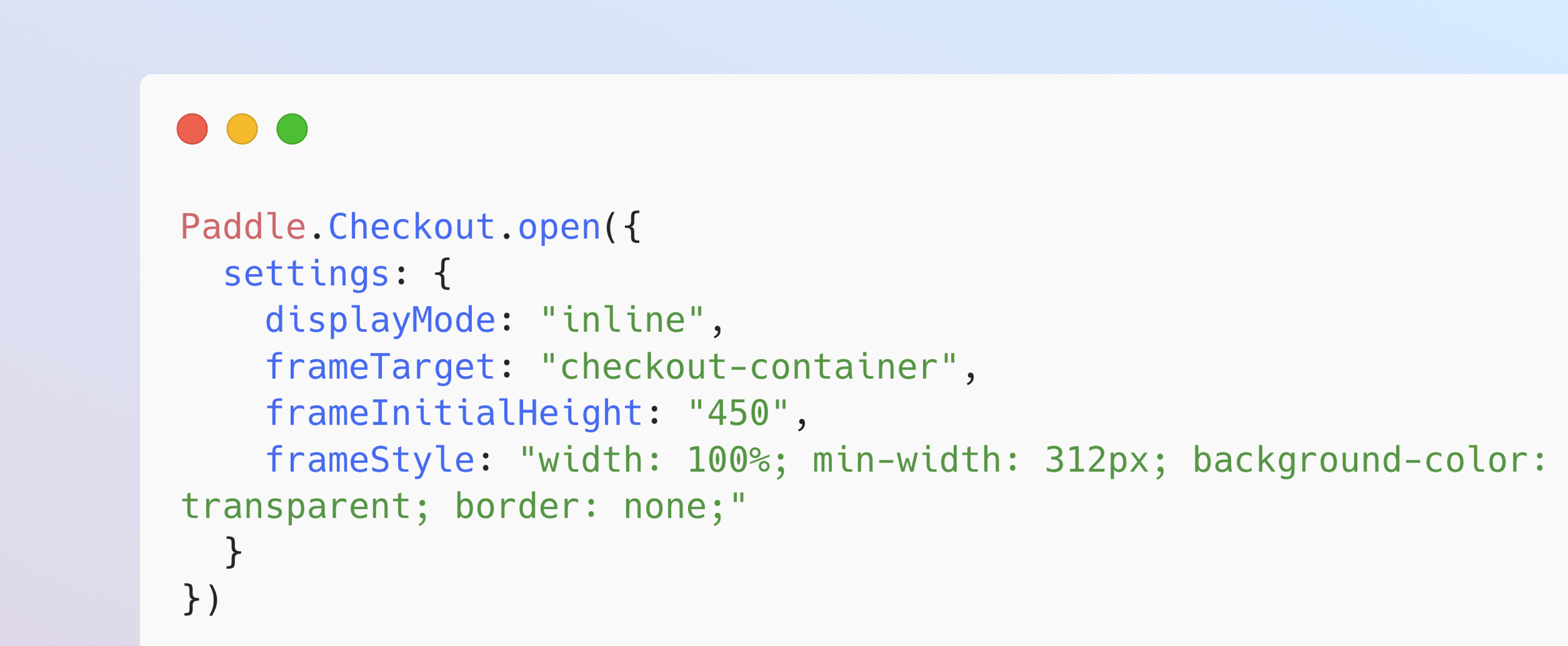 Code illustration showing an open checkout function with settings. It's cut off, so you can't make out the full code.