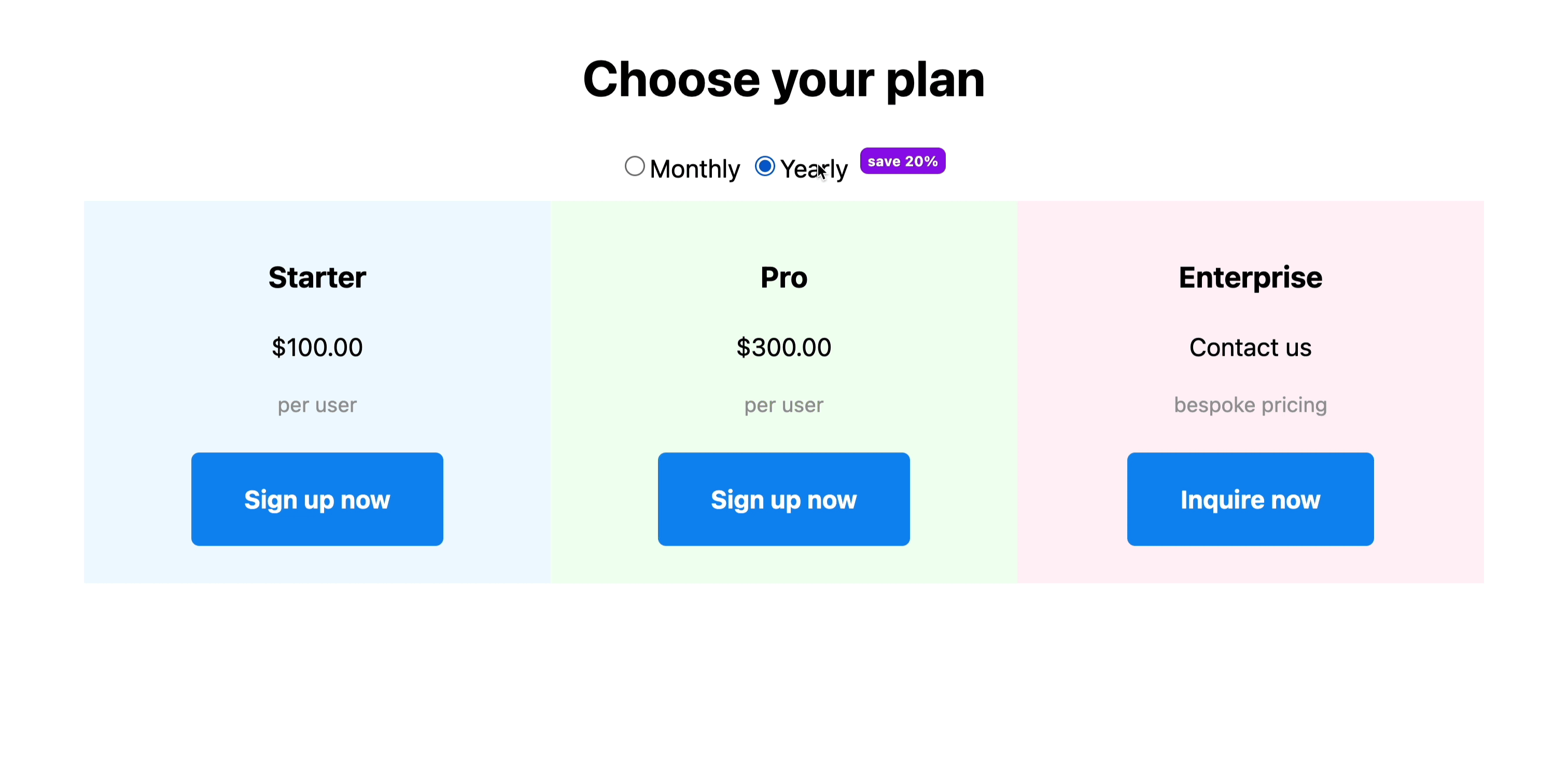 Short animation showing toggling between monthly and annual pricing. The prices change when the monthly and annual radio buttons are clicked.