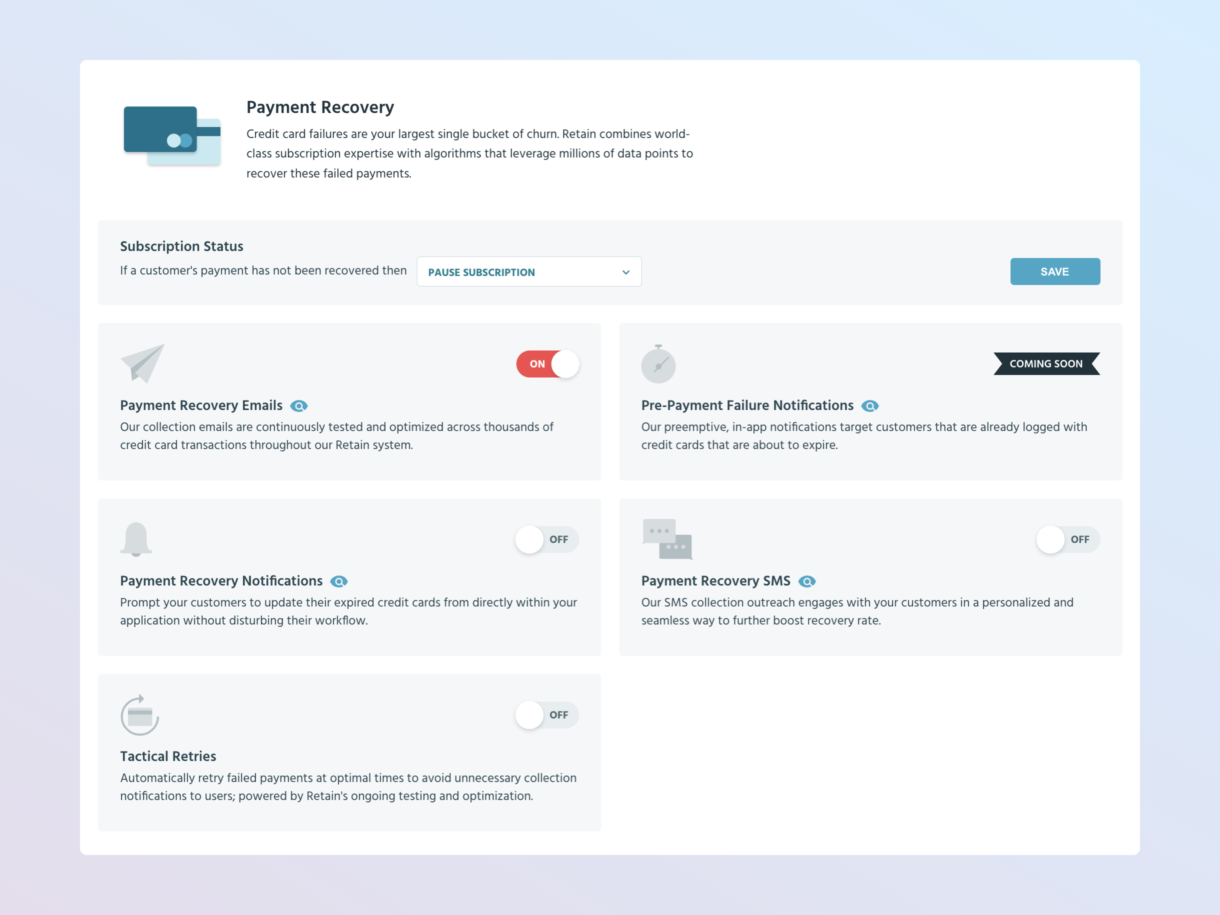 Screenshot showing the Retain Control Center page. The payment recovery tab is open. There are toggles for: payment recovery emails, pre-payment failure notifications (unavailable), payment recovery notifications, payment recovery SMS, and tactical retries.