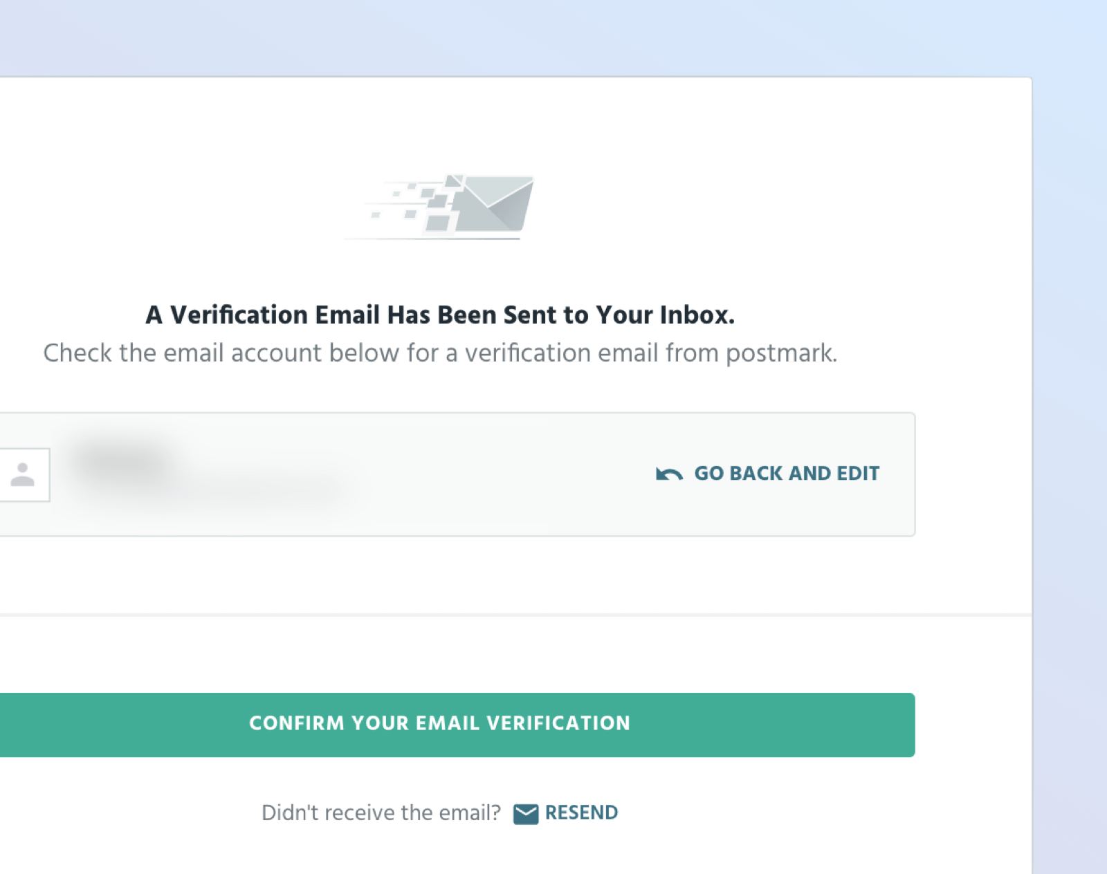 Screenshot showing the email verification screen in Paddle Retain. It has text that says: a verification email has been sent to your inbox. There is a button to confirm.