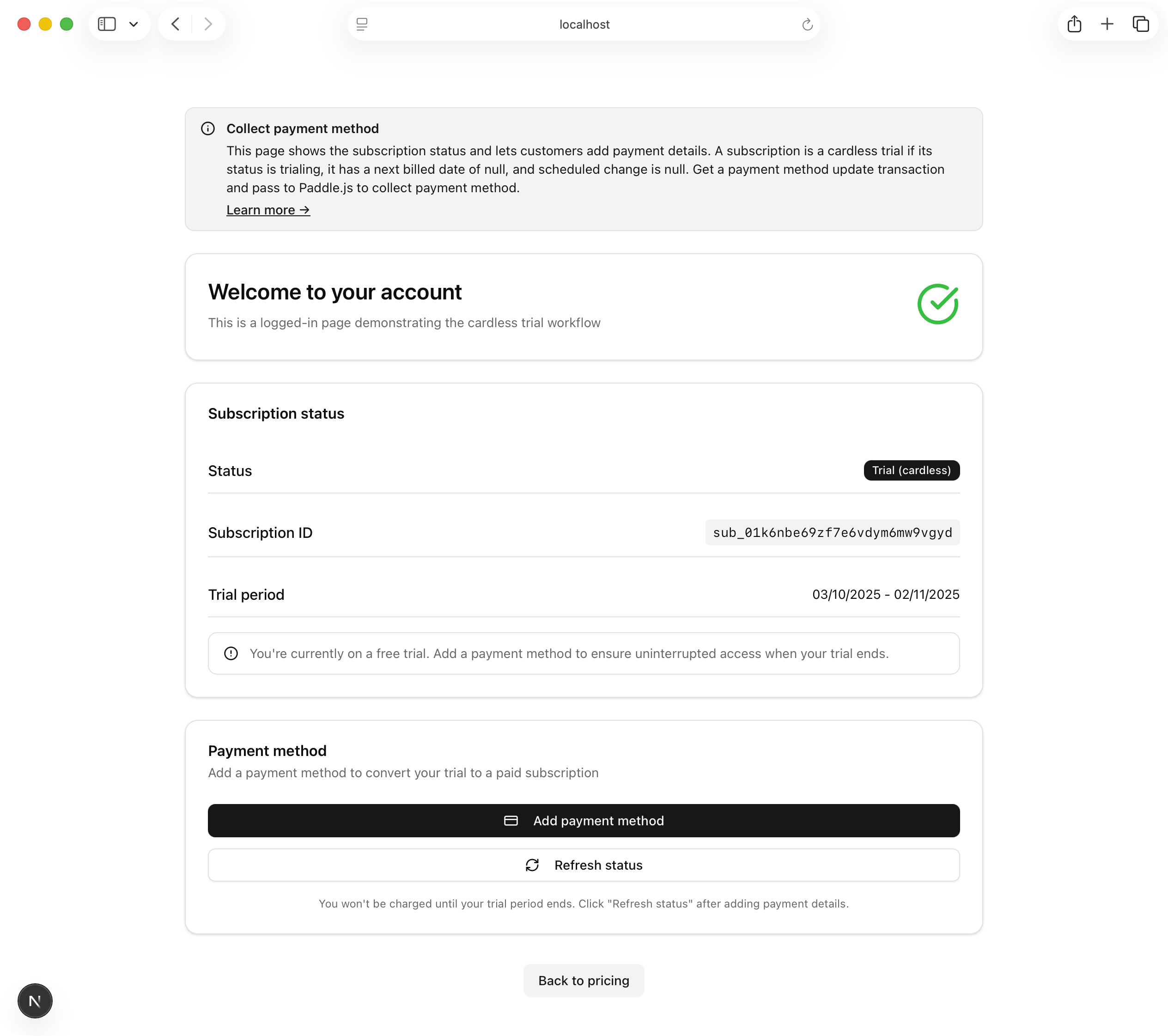 Screenshot of the cardless trial starter kit sample app. It shows the subscription account page, with the subscription status as 'Trial (cardless).'