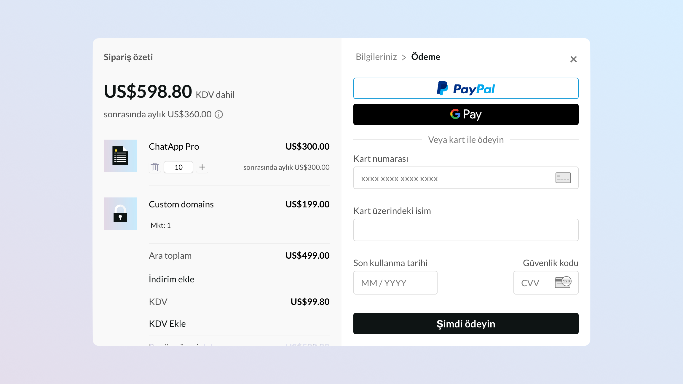 Screenshot of overlay checkout in Turkish on the payment screen. There are two items on the checkout, displayed on the left. On the right hand side are buttons to pay using PayPal and Google Pay. Under this is the payment form.