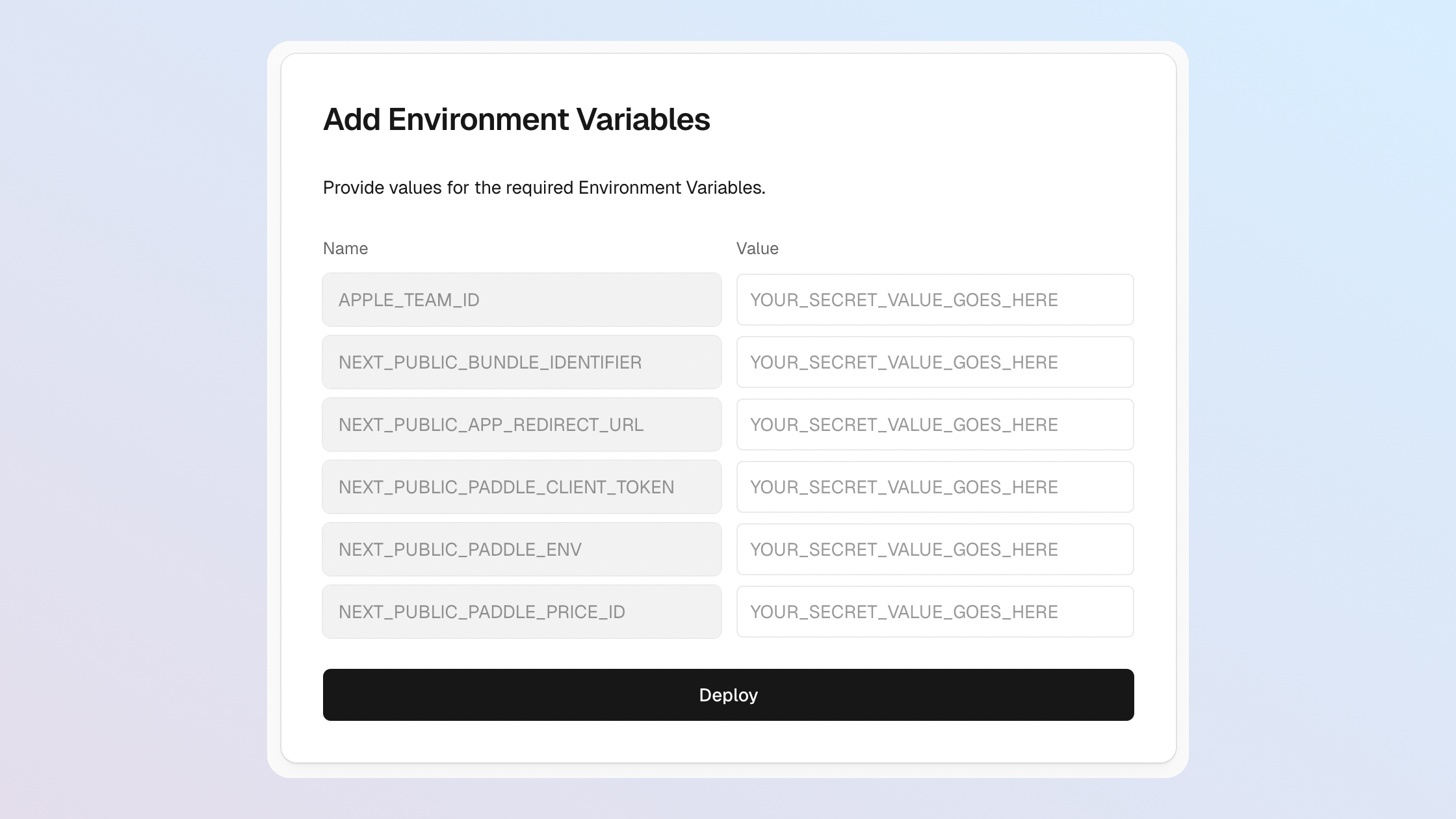 Screenshot of the deploy to Vercel workflow, showing the configure project section. It shows six required environment variables.