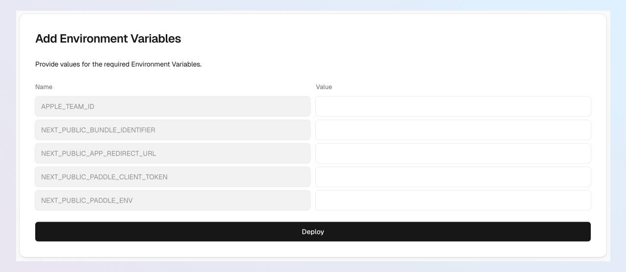 Screenshot of the deploy to Vercel workflow, showing the configure project section. It shows five required environment variables.