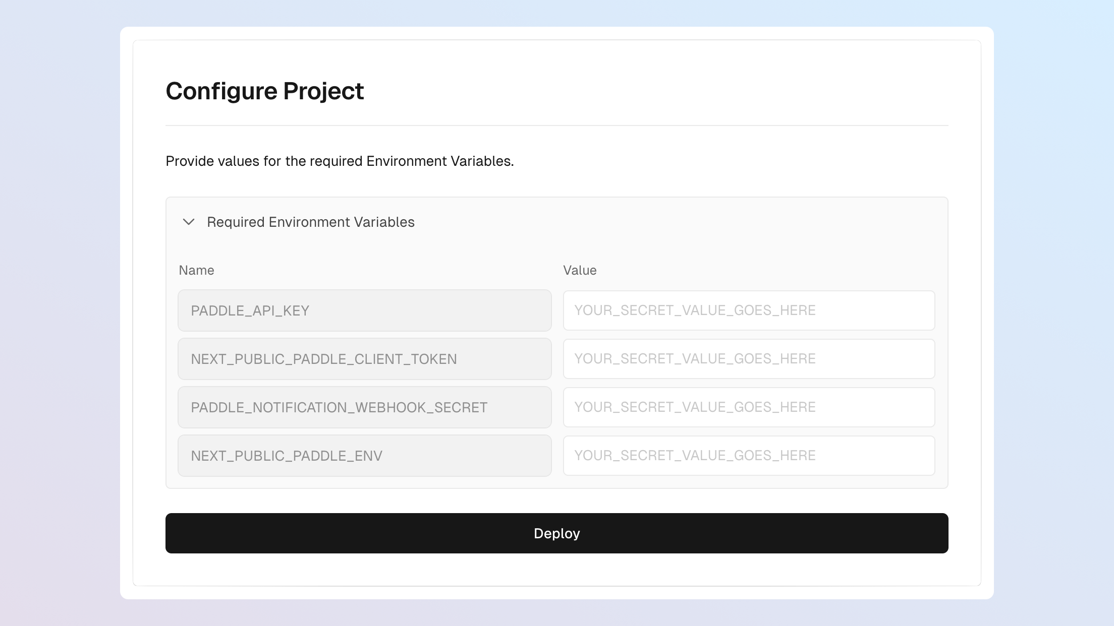 Screenshot of the deploy to Vercel workflow, showing the configure project section. It shows four required environment variables.