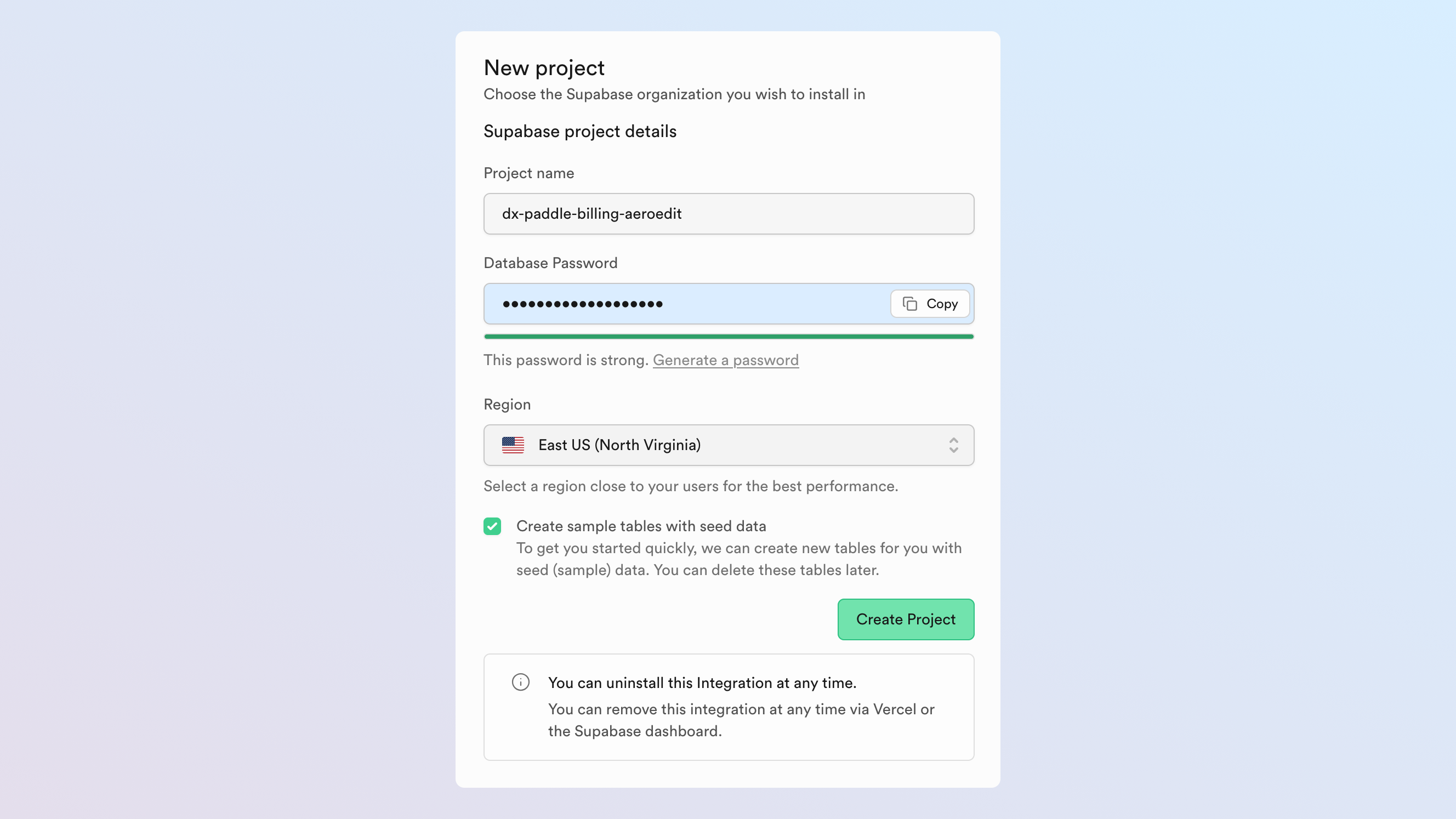 Screenshot of the new project modal in Supabase. It shows fields for project name, password, and region. There is a checkbox that says 'create sample tables with seed data' that's checked.