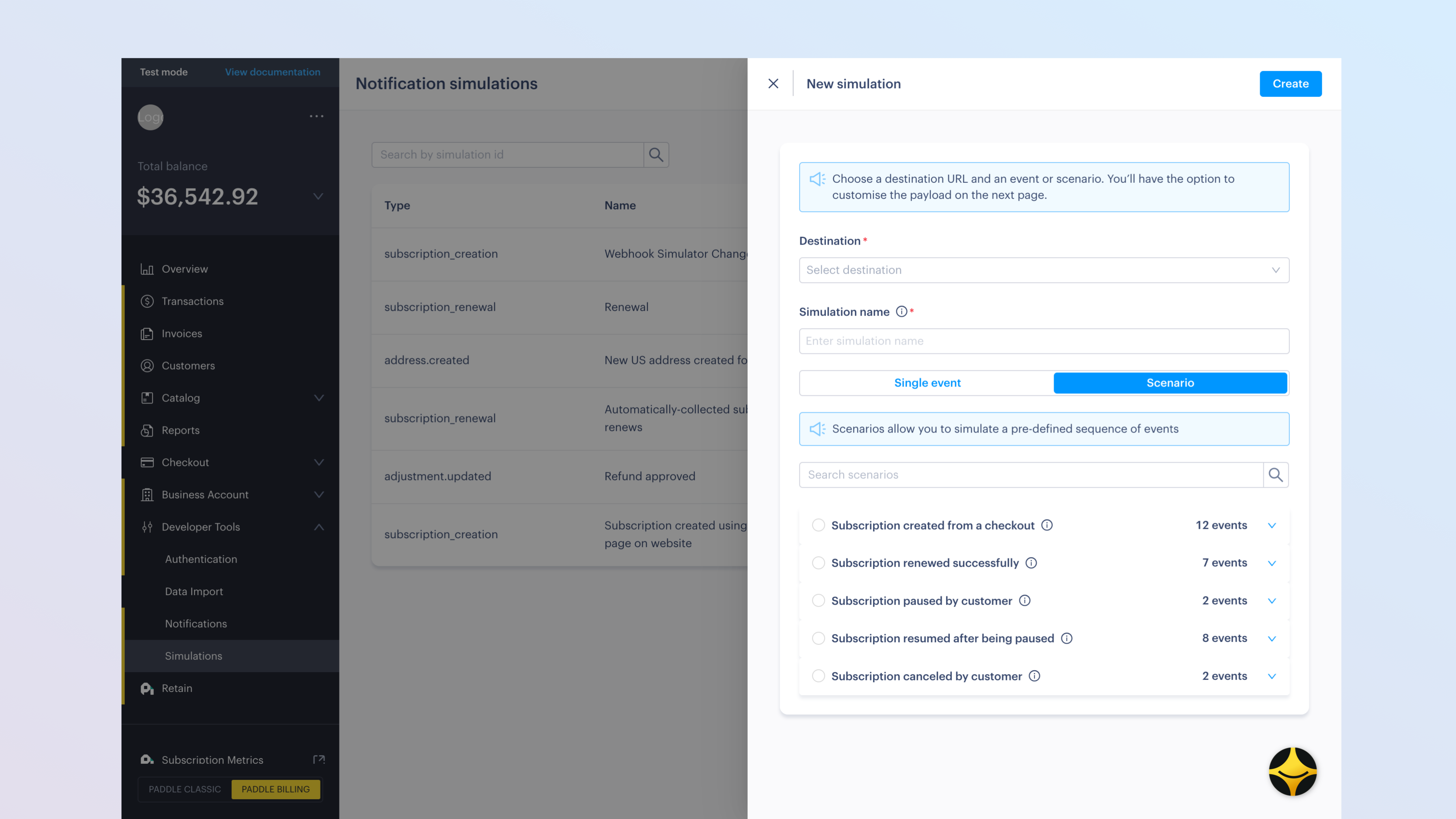 Screenshot of the new simulation drawer for webhook simulator. It shows a list of scenarios including subscription created, subscription renewed, and subscription paused.